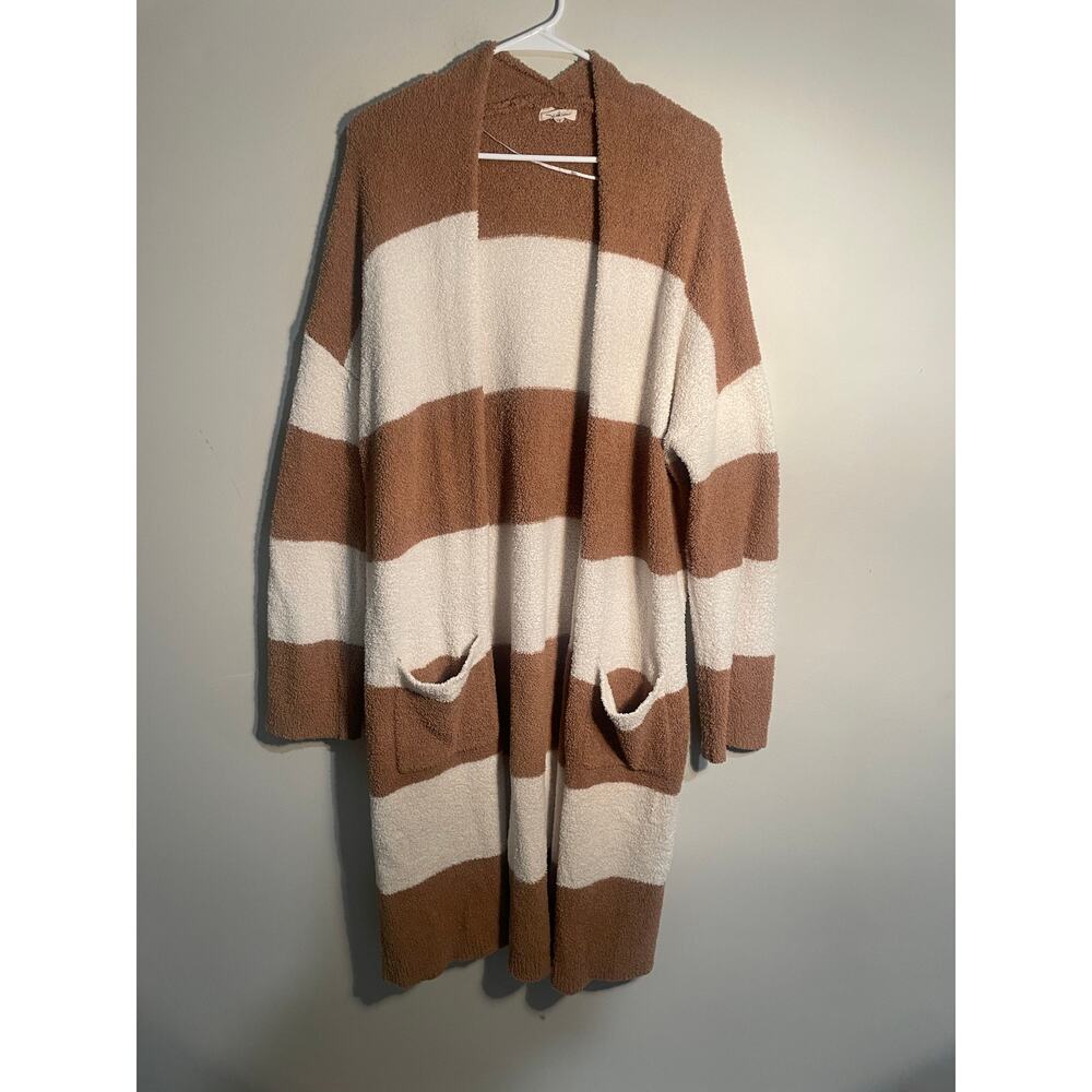 Thread & Supply Tan and‎ Cream Striped Teddy Longline Cardigan Size Large